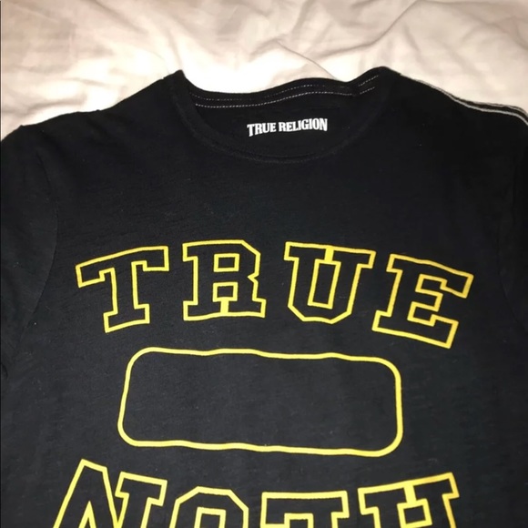 black and yellow true religion shirt